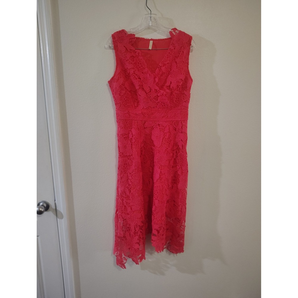 Kimilily Pink Floral Lace Midi Dress Sleeveless V-Neck Scalloped Hem Medium